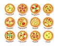 Italian pizza. traditional delicious food with toppings sausage cheese vegetables italian cousine pizza top view vector