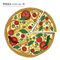 Italian Pizza vegetarian hand drawn vector illustration. Can be use for pizzeria, cafe, restaurant.