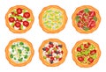 Italian pizzas, margherita with mozzarella cheese and tomatoes slices, pepperoni with basil vector set