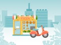 Italian pizzeria urban street kiosk, shop place quick delivery by motorbike flat vector illustration. Fast food service