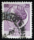 Italian postage stamp shows ancient coin of Syracuse, the series `Syracusean Coin`, circa 1968 Royalty Free Stock Photo