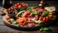 Italian prosciutto crudo or jamon with parmesan cheese, tomatoes, olives and basil on a wooden board