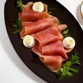 Italian prosciutto crudo or spanish jamon. Jerked meat serrano ham tasty