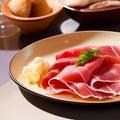 Italian prosciutto crudo or spanish jamon. Jerked meat serrano ham tasty