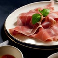 Italian prosciutto crudo or spanish jamon. Jerked meat serrano ham tasty