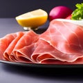 Italian prosciutto crudo or spanish jamon. Jerked meat serrano ham tasty