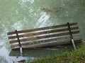 Broken public bench and fall into the lake, in a rural setting surrounded by nature.