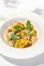 Italian ravioli with meat and mushroom sauce on white plate. Meat tortellini with creamy sauce in summer menu with shadows of tree