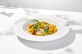 Italian ravioli with meat and mushroom sauce on white plate. Meat tortellini with creamy sauce in summer menu with shadows of tree
