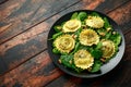 Italian ravioli pasta stuffed with spinach, creamy ricotta cheese, walnuts. Healthy Vegetarian food Royalty Free Stock Photo