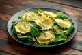 Italian ravioli pasta stuffed with spinach, creamy ricotta cheese, walnuts. Healthy Vegetarian food Royalty Free Stock Photo