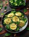 Italian ravioli pasta stuffed with spinach, creamy ricotta cheese, walnuts. Healthy Vegetarian food Royalty Free Stock Photo