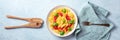 Italian ravioli with red tomato sauce and basil, overhead flat lay panorama Royalty Free Stock Photo