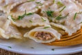 Italian ravioli stuffed with meat macro on a white plate. horizontal, rustic style. Closeup
