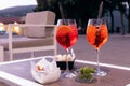 Italian refreshing aperitif with snacks on a summer evening