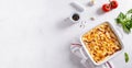 Italian restaurant banner. Lasagna with vegetables, minced meat, cheese bolognese and bechamel sauce. Top view, menu, recipe. Copy Royalty Free Stock Photo