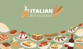 Italian restaurant food banner with pizza, lunch pasta, spaghetti and cheese, desserts and wine vector illustration. Royalty Free Stock Photo