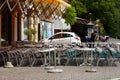 Italian restaurants in Merano, South Tyrol, are still closed because of COVID-19. Chairs and tables stacked up and chained