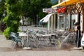 Italian restaurants in Merano, South Tyrol, are still closed because of COVID-19. Chairs and tables stacked up and chained