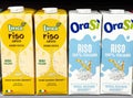 Italian rice milk beverage boxes in grocery display Royalty Free Stock Photo