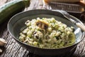 Italian risotto zucchini mushrooms and parmesan in dark plate Royalty Free Stock Photo