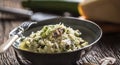 Italian risotto zucchini mushrooms and parmesan in dark plate Royalty Free Stock Photo