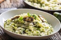 Italian risotto zucchini mushrooms and parmesan in white plate Royalty Free Stock Photo