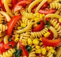 italian salad with pasta , tomatoes and corn close up, food for restaurant and recipe for cooking on a kitchen Royalty Free Stock Photo