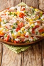 Italian salad of rice, tuna and fresh vegetables close-up in a plate. vertical