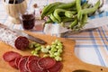 Italian salami meat braod bean and red wine Royalty Free Stock Photo