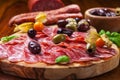 Italian salami with olives Royalty Free Stock Photo