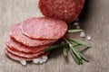 Italian salami sausage slices with rosemary and sea salt Royalty Free Stock Photo