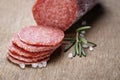 Italian salami sausage slices with rosemary and sea salt Royalty Free Stock Photo