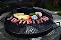 Italian Sausage or Bratwurst with Corn, Eggplant and Peppers on the Grill Royalty Free Stock Photo