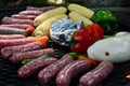 Italian Sausage or Bratwurst with Corn, Eggplant and Peppers on the Grill Royalty Free Stock Photo