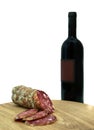 Italian sausage and wine bottle Royalty Free Stock Photo