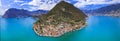 Italian scenic lakes, Lago Iseo and island Monte Isola, aerial view