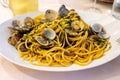 Italian sea food dinner first course pasta with clams alle vongole Royalty Free Stock Photo