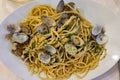 Italian sea food dinner first course pasta with clams alle vongole Royalty Free Stock Photo