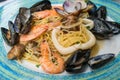 Italian seafood pasta with shrimps, mussels and clams