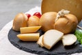 Italian semi hard handmade smoked scamorza and caciocavallo matured in caves cheeses made from cow milk from Apulia or Calabria