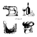 Italian set of sketches. Hand drawn illustrations of Italy travel symbols. Vector touristic signs of vacations.
