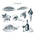 Italian set of sketches. Hand drawn illustrations of Italy travel symbols. Vector touristic signs of vacations.