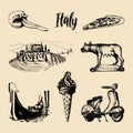 Italian set of sketches. Hand drawn illustrations of Italy travel symbols. Vector touristic signs of vacations.