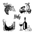 Italian set of sketches. Hand drawn illustrations of Italy travel symbols. Vector touristic signs of vacations.