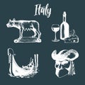 Italian set of sketches. Hand drawn illustrations of Italy travel symbols. Vector touristic signs of vacations.