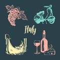 Italian set of sketches. Hand drawn illustrations of Italy travel symbols. Vector touristic signs of vacations.