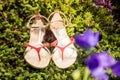 Italian shoes, stylish sandals lie on the grass