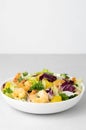 Italian shrimp salad with oranges, green lettuce on a white background, copy space. Royalty Free Stock Photo