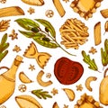 Italian Sketch food Seamless pattern with different Pasta for reastaurant menu. Delicious hand drawn wallpaper on white